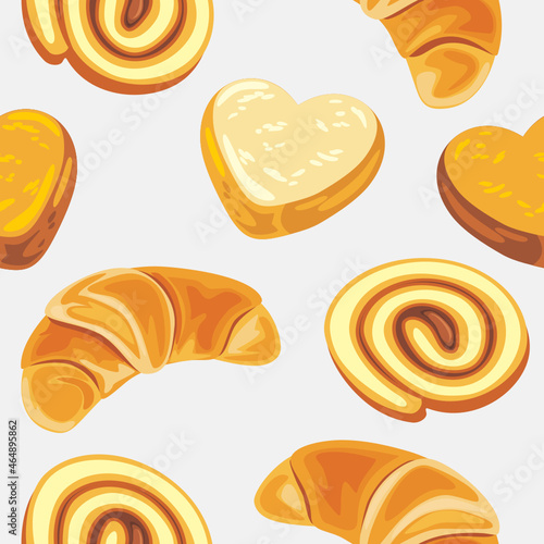 Seamless pattern with croissants, cookies and chocolate roll