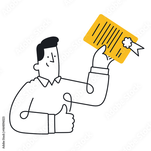 Man holding certificate or diploma and showing thumbs up gesture. Outline, linear, thin line, doodle art. Simple style with editable stroke.