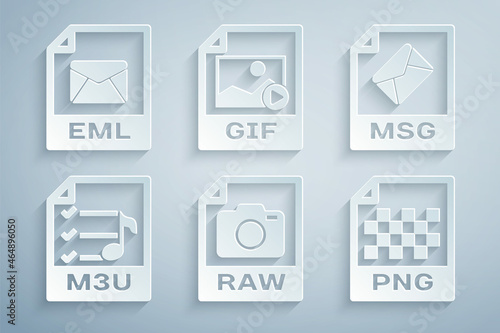 Set RAW file document, MSG, M3U, PNG, GIF and EML icon. Vector