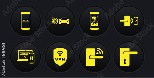 Set Two steps authentication, Digital door lock with wireless, Shield VPN, , Mobile and face recognition and Smart car alarm system icon. Vector