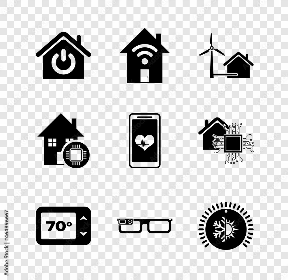 Set Smart home, with wi-fi, House wind turbine, Thermostat, glasses, and Mobile heart rate icon. Vector