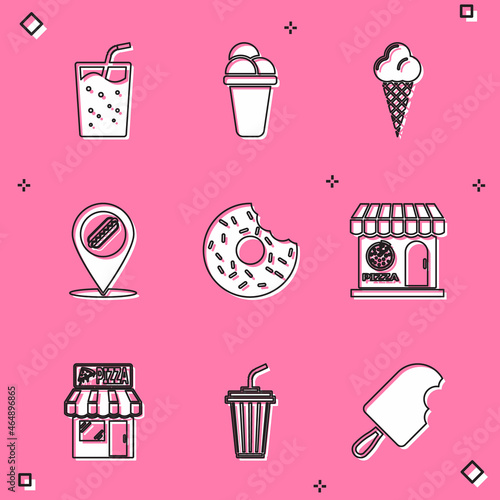 Set Glass with water, Ice cream, in waffle cone, Location hotdog, Donut, Pizzeria building facade, and icon. Vector