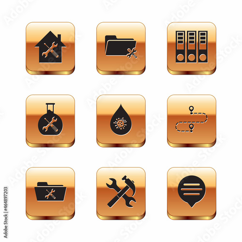 Set House service, Folder, Crossed hammer and wrench, Dirty water drop, Bioengineering, Office folders, Speech bubble chat and icon. Vector