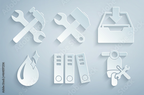 Set Office folders, Download inbox, Clean water drop, Scooter service, Crossed hammer and wrench and icon. Vector