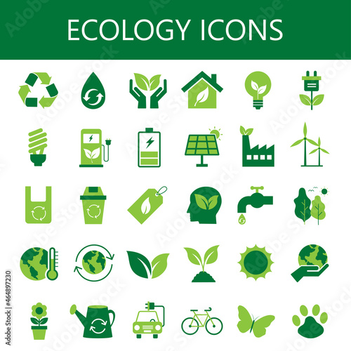 green ecology and environment flat icon set. eco friendly symbol collection concept. natural and renewable energy sign. vector illustration flat style. isolated on white background.
