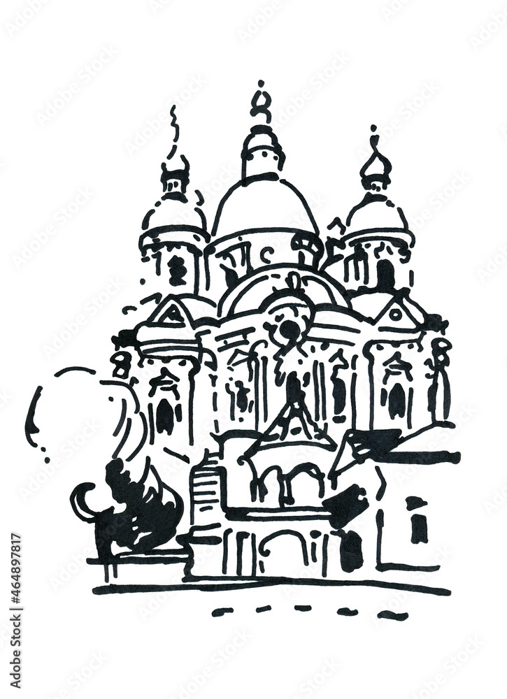 Fragment of urban development. Church with 3 domes. Line drawing. Marker line isolated on white background