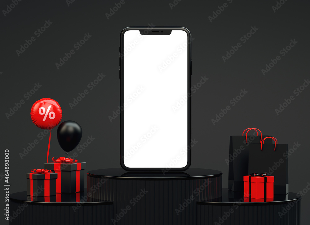 Black Friday banner background with mobile phone mockup and red stuff on a  dark podium platforms in 3D rendering. Elegant podium for promotional  marketing discount and online shopping concept Stock Illustration |