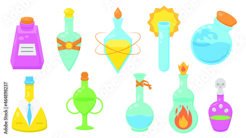 Set Abstract Collection Flat Glass Flask Potion Drink Elixir Liquid Element Vector Design Style Sketch Isolated Illustration Magic Witchcraft