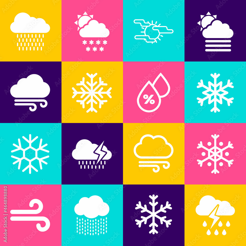 Set Cloud with rain and lightning, Snowflake, Fog sun, and Windy weather icon. Vector Set Cloud with rain and lightning, Snowflake, Fog sun, and Windy weather icon. Vector