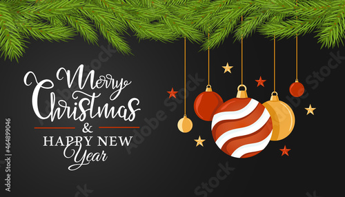 Christmas vector banner with a strip of fir branches decorated with stars and balls on a black background