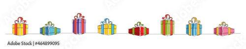 Set of continuous one line drawing of Christmas color gift boxes. Christmas gift boxes isolated on white background. Vector illustration