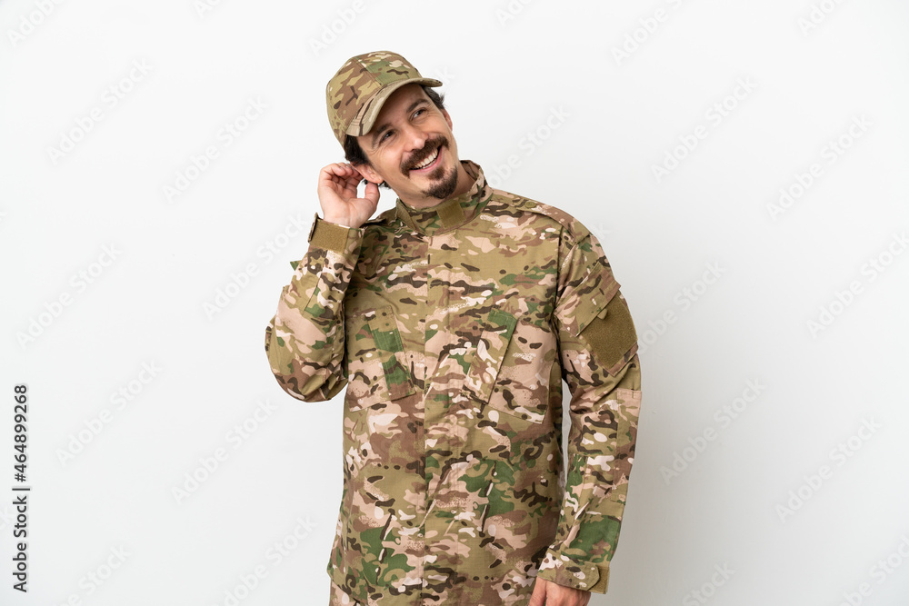 Soldier man isolated on white background thinking an idea Soldier man isolated on white background thinking an idea