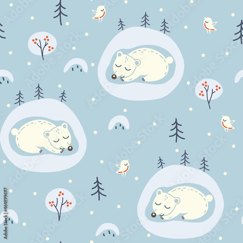 Seamless winter pattern bear in a den. Winter forest, snowfall, the bear is sleeping.