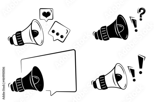 Megaphone icon. Set of Loudspeaker with popular social media icons. Like, messages, question sign. Speaker icon. Black and white vector illustrtion isolated on white background.