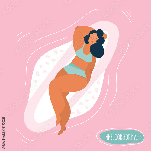 PMS or Menstrual period cycle concept vector with body positive girl on sanitary pads. BLOOD is NORMAL