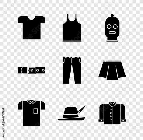 Set T-shirt, Sleeveless, Balaclava, Polo, Oktoberfest hat, Leather belt and Pants icon. Vector