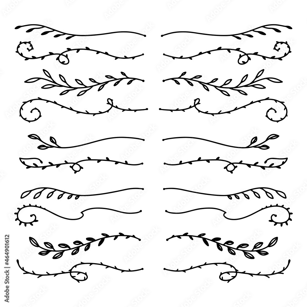 Set of decorative calligraphic elements for decoration. Hand drawn floral elements isolated on white background. Outline branches for books, greeting cards, invitations, web. Doodle style