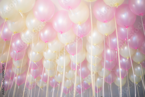 Obraz na płótnie Softly celebrating background. Pink and light yellow balloons under ceiling. Some blur w salonie