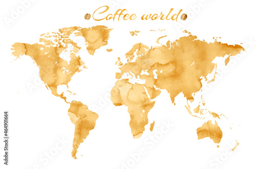 Vector world map in watercolor style with coffee splashes