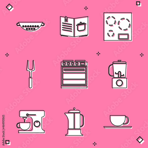 Set Kitchen colander, Cookbook, Electric stove, Barbecue fork, Oven, Blender, mixer and French press icon. Vector