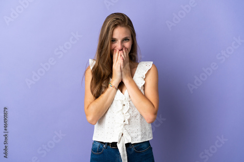 Young caucasian woman over isolated background happy and smiling covering mouth with hands