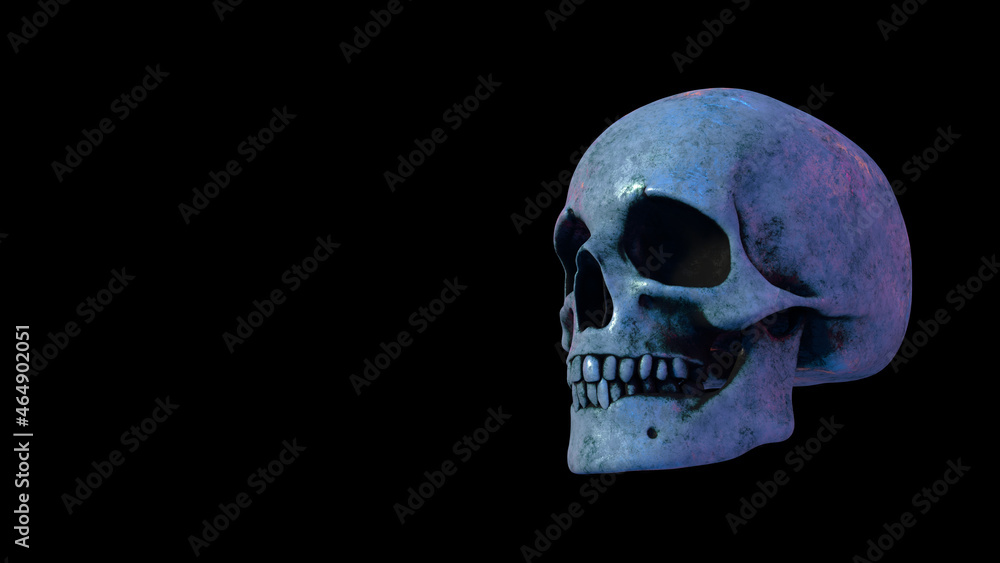 Naklejka premium Totenkopf / Totenschädel [solo] verwittert + schmutzig, farbig beleuchtet vor dunklem Hintergrund | 3D Render Illustration