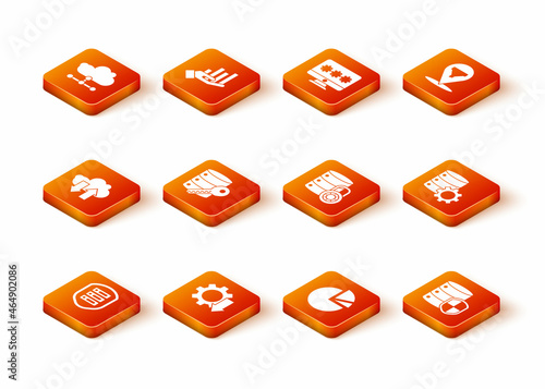 Set Server with shield, Cost reduction, Cloud download and upload, security key, Pie chart infographic, lock, and gear icon. Vector