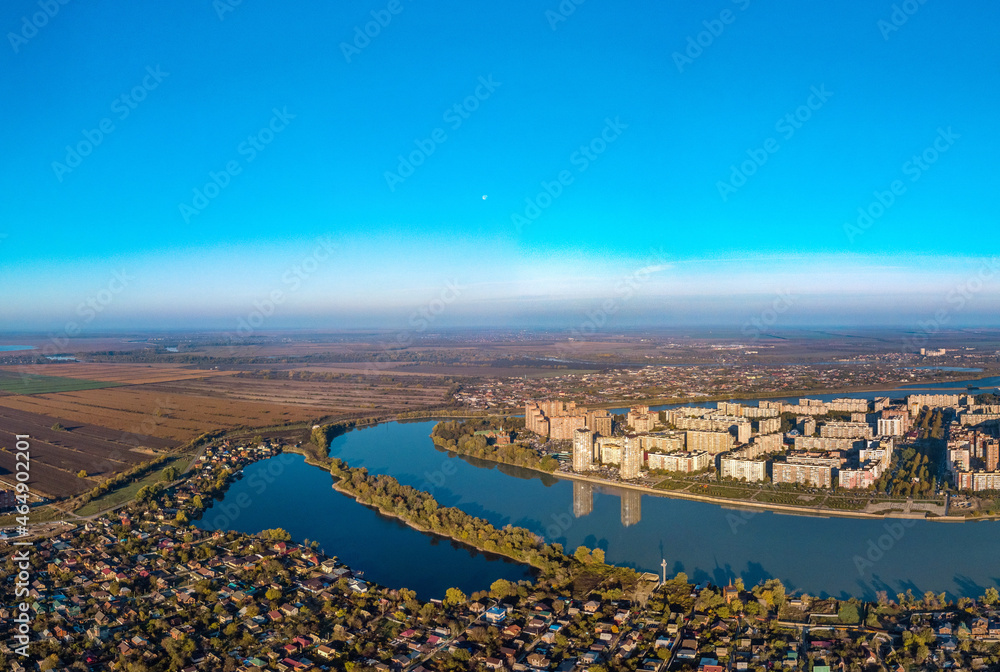 Lake Brzhegokay (Adygea) near the Kuban River not far from the city of Krasnodar (South of Russia) - aerial panorama on a sunny day in mid-autumn