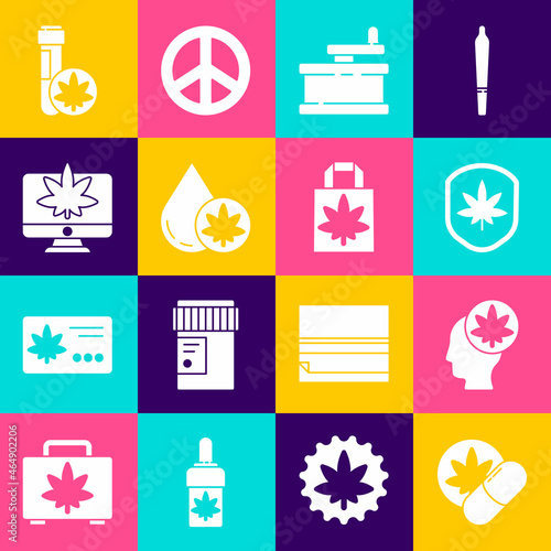 Set Herbal ecstasy tablets, Head with marijuana or cannabis, Shield and leaf, Manual grinder, Marijuana olive oil, Monitor, Chemical test tube and Shopping paper bag of icon. Vector