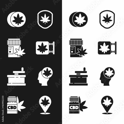 Set Marijuana and cannabis store, Medical bottle with marijuana, Herbal ecstasy tablets, Shield leaf, Manual grinder, Head, Location and icon. Vector