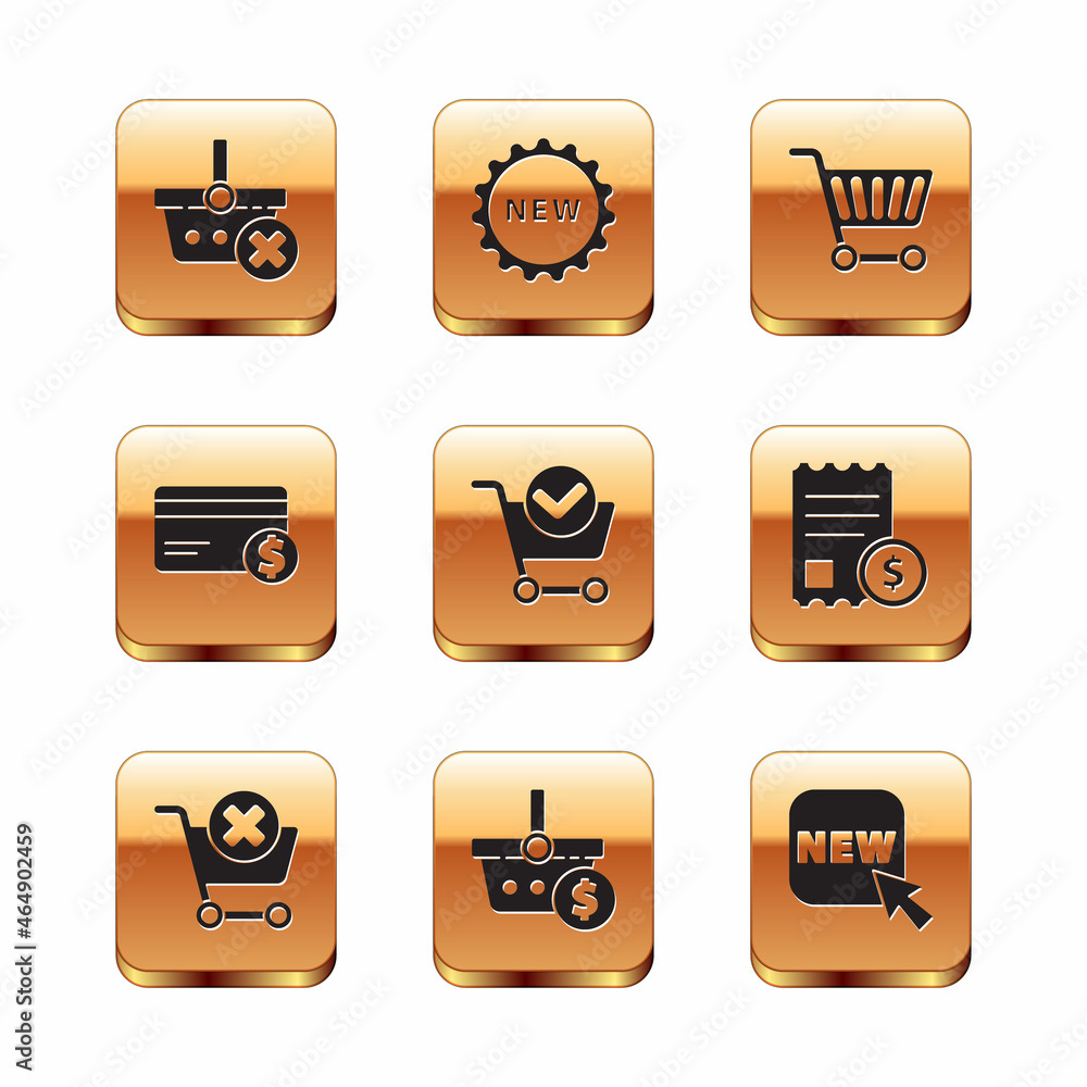 Set Remove shopping basket, cart, Shopping and dollar, with check mark, Credit card, Button text New and Price tag icon. Vector Set Remove shopping basket, cart, Shopping and dollar, with check mark, Credit card, Button text New and Price tag icon. Vector