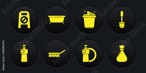 Set Dishwashing liquid bottle, Toilet brush, Brush for cleaning, and plate, Bucket with soap suds, Bathtub, Garbage bag and Wet floor progress icon. Vector