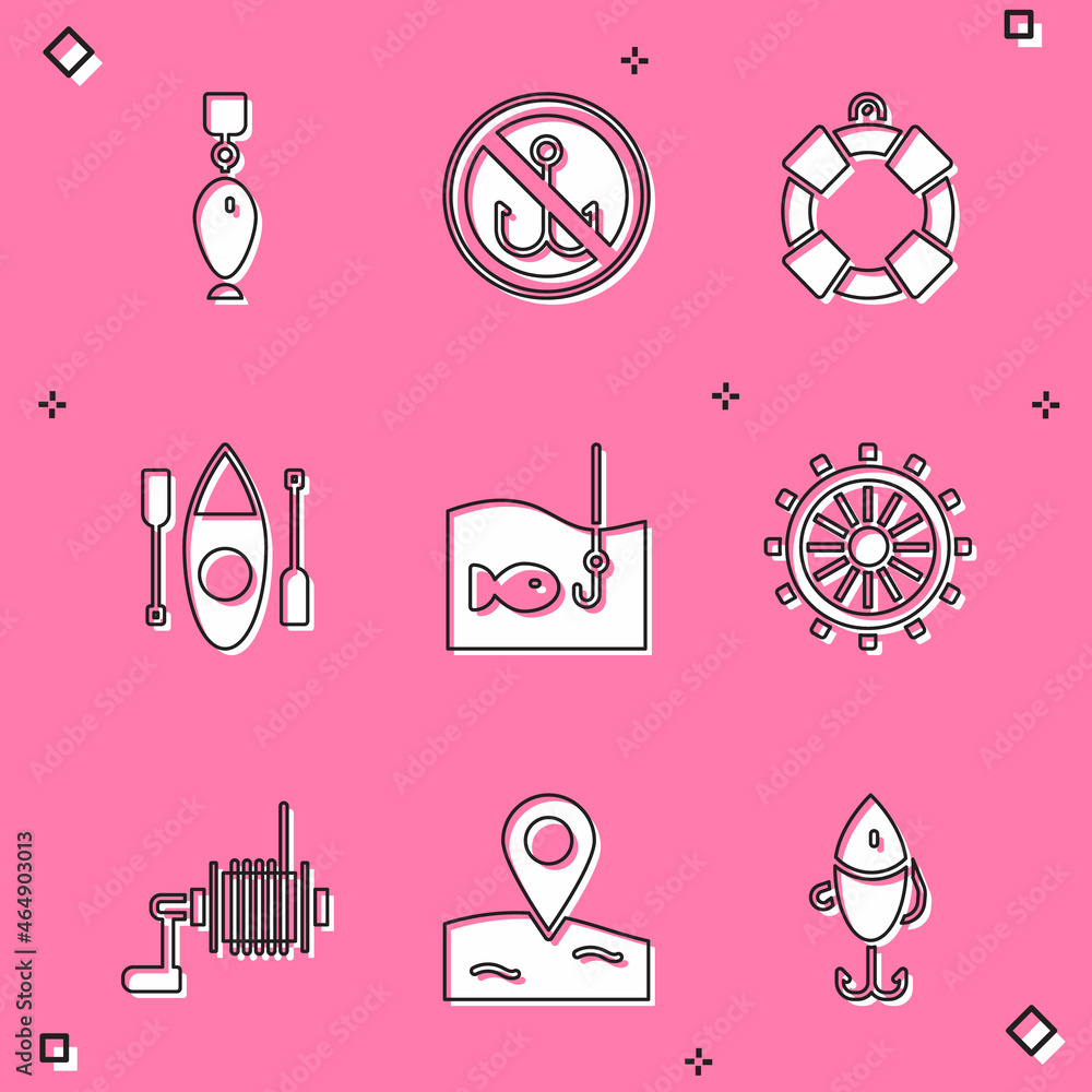 Set Fishing spoon, No fishing, Lifebuoy, Kayak or canoe, hook with, Ship steering wheel, Spinning reel for and Location icon. Vector Set Fishing spoon, No fishing, Lifebuoy, Kayak or canoe, hook with, Ship steering wheel, Spinning reel for and Location icon. Vector