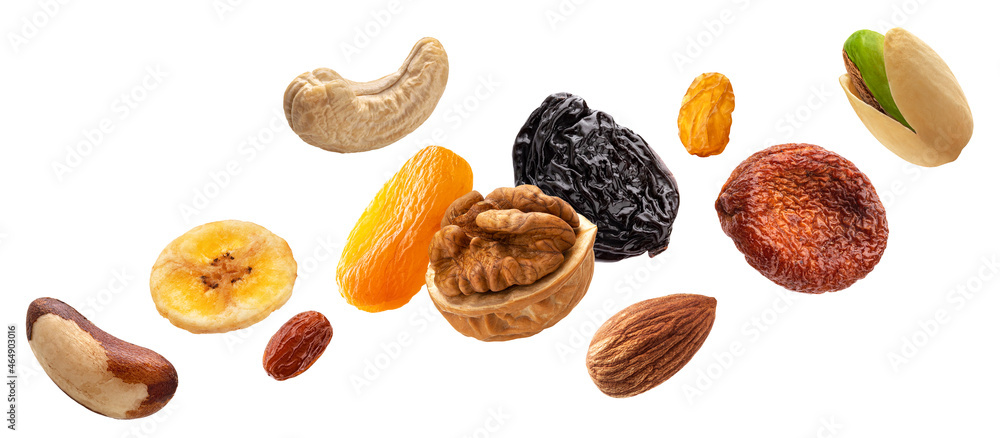Nuts and dried fruits isolated on white background Nuts and dried fruits isolated on white background