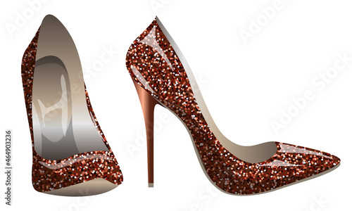 Women's bronze pumps with sparkles isolated on white background. Vector high heel shoes.