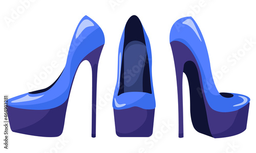 Vector set of women's blue platform shoes and high heels isolated on white background.