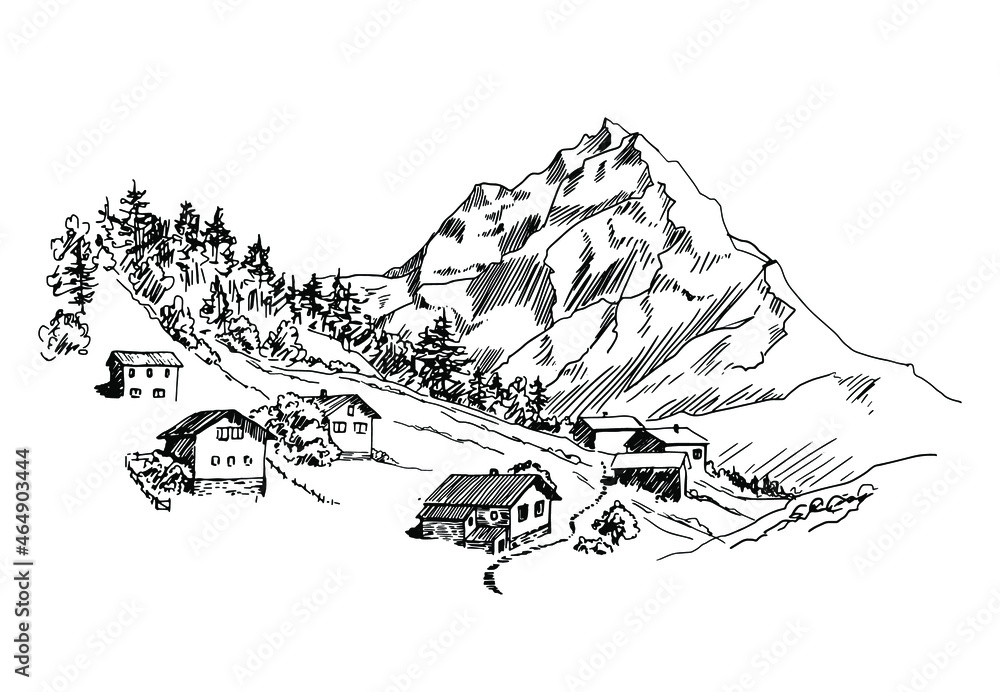 Hand drawn vector landscape with mountains, trees and village house in the mountains valley. Perfect for banner, poster and sticker design. Hand drawn vector landscape with mountains, trees and village house in the mountains valley. Perfect for banner, poster and sticker design.