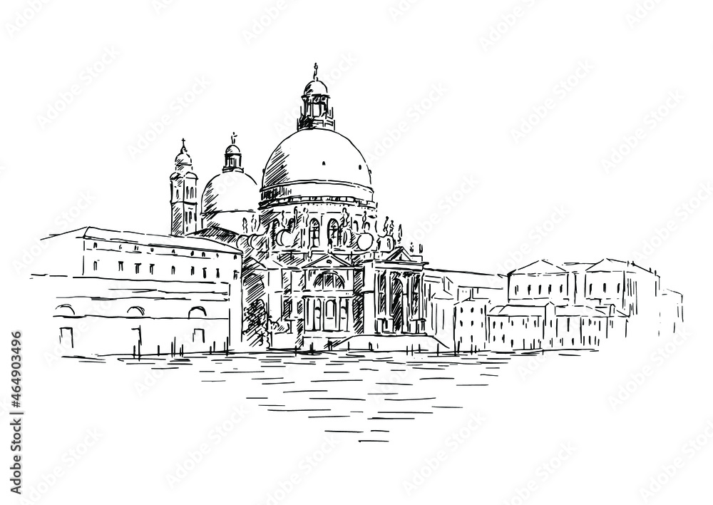 Cathedral of Santa Maria della Salute in Venice, Italy. Hand drawn vector scetch of Venice
