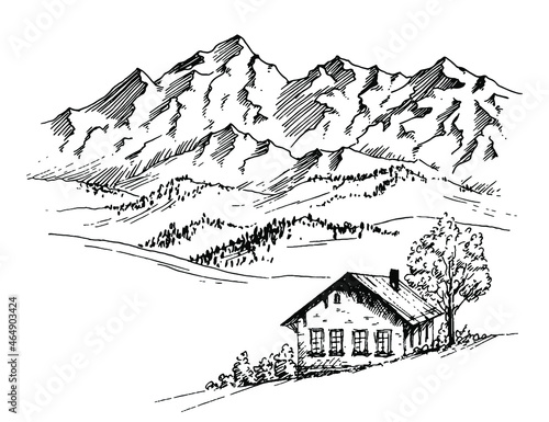 Hand drawn vector landscape with mountains, trees and village house in the mountains valley. Perfect for banner, poster and sticker design. 