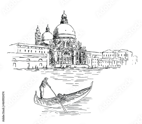 Cathedral of Santa Maria della Salute in Venice, Italy. Hand drawn vector scetch of Venice and gondola