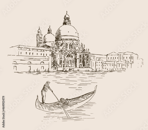 Cathedral of Santa Maria della Salute in Venice, Italy. Hand drawn vector scetch of Venice and gondola