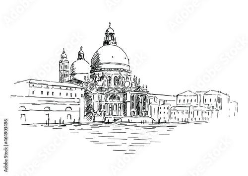Cathedral of Santa Maria della Salute in Venice, Italy. Hand drawn vector scetch of Venice