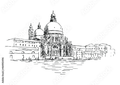 Cathedral of Santa Maria della Salute in Venice, Italy. Hand drawn vector scetch of Venice