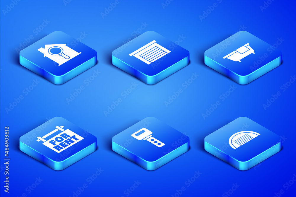 Set Garage, Search house, House key, Hanging sign with For Rent, and Bathtub icon. Vector Set Garage, Search house, House key, Hanging sign with For Rent, and Bathtub icon. Vector