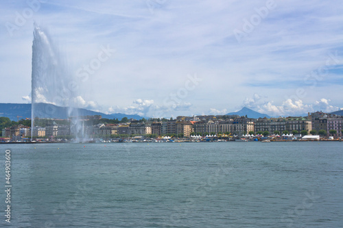 Geneva water fountain, Jet d'eau, Old city lake view, Switzerland, Europe