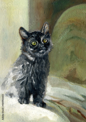A portrait of a kitten depicted with oil paints. 
Cute black kitten.