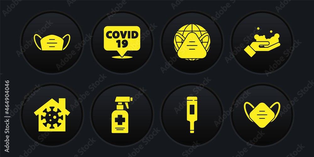 Set Stay home, Washing hands with soap, Liquid antibacterial, Medical thermometer, Earth medical mask, Corona virus on location, protective and icon. Vector Set Stay home, Washing hands with soap, Liquid antibacterial, Medical thermometer, Earth medical mask, Corona virus on location, protective and icon. Vector