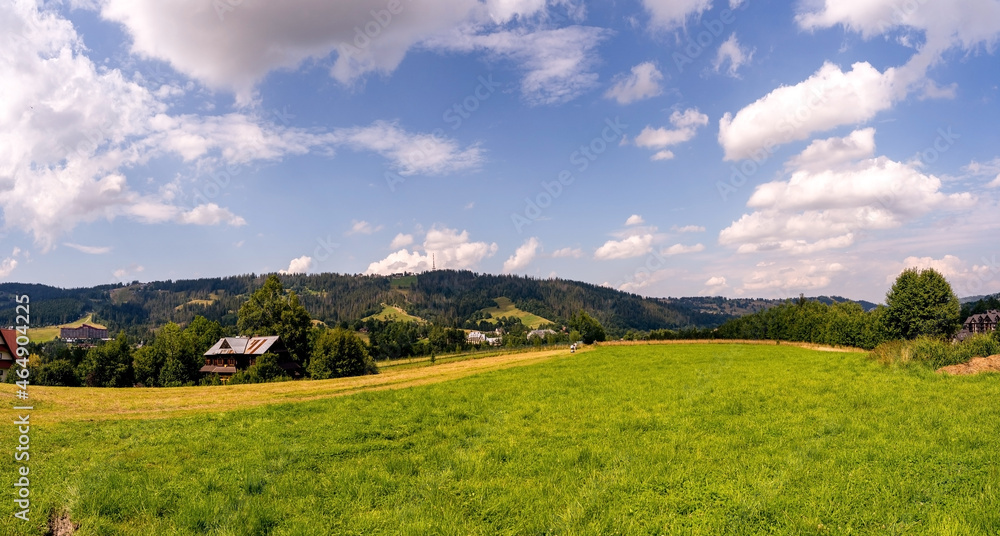 Green grass meadow countryside field with A shaped houses against mountain hills and dramatic clouds located in Zakopane, South Poland, Europe Green grass meadow countryside field with A shaped houses against mountain hills and dramatic clouds located in Zakopane, South Poland, Europe