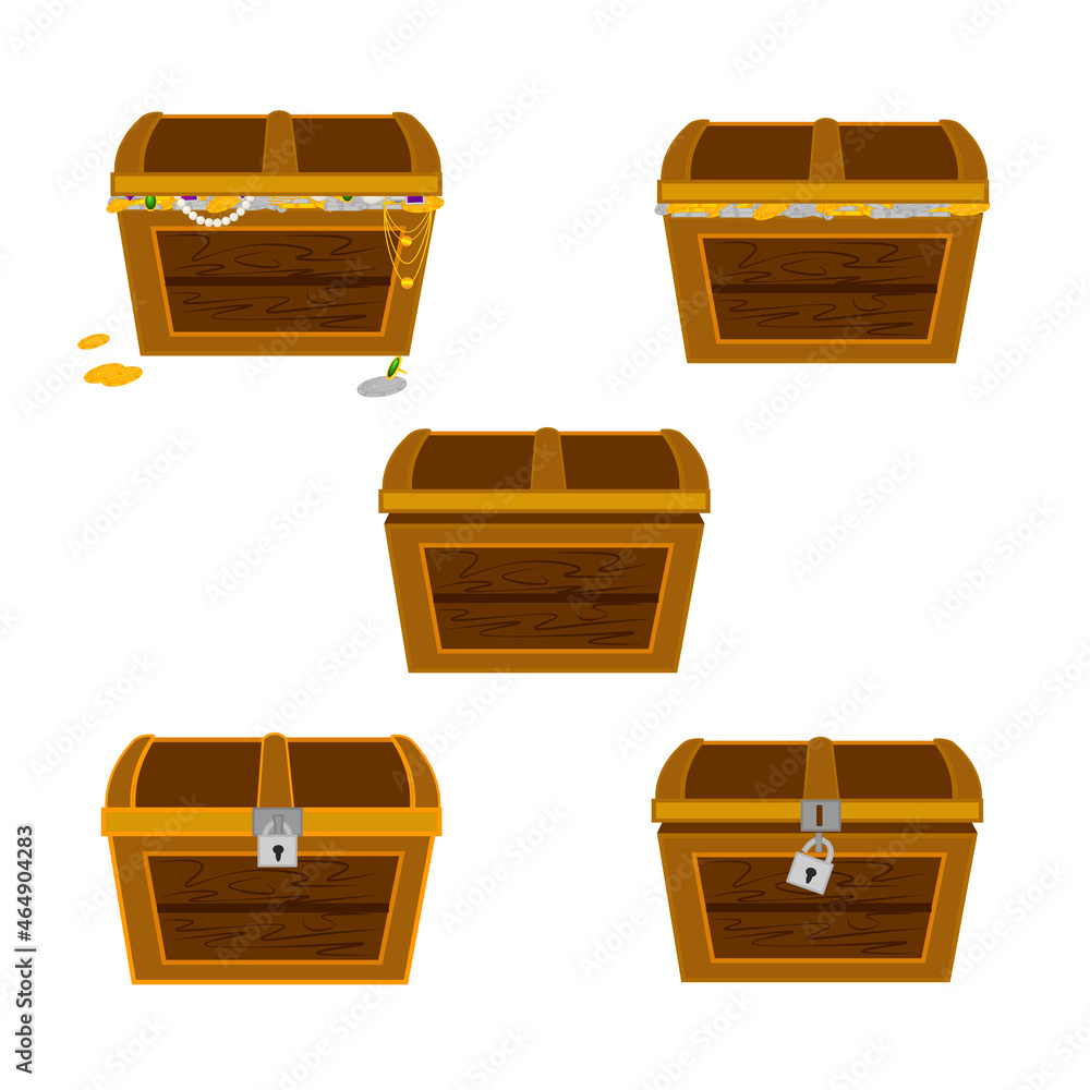 A set of old wooden chests on the lock, open, with coins, with decorations A set of old wooden chests on the lock, open, with coins, with decorations