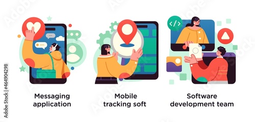 Smartphone application abstract concept vector illustration set. Messaging application, mobile tracking soft, software development team abstract metaphor.